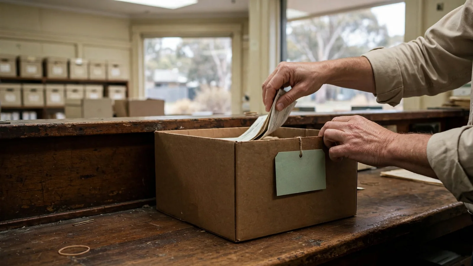 Hands filing a paper form into a labelled archive box at a registry counter