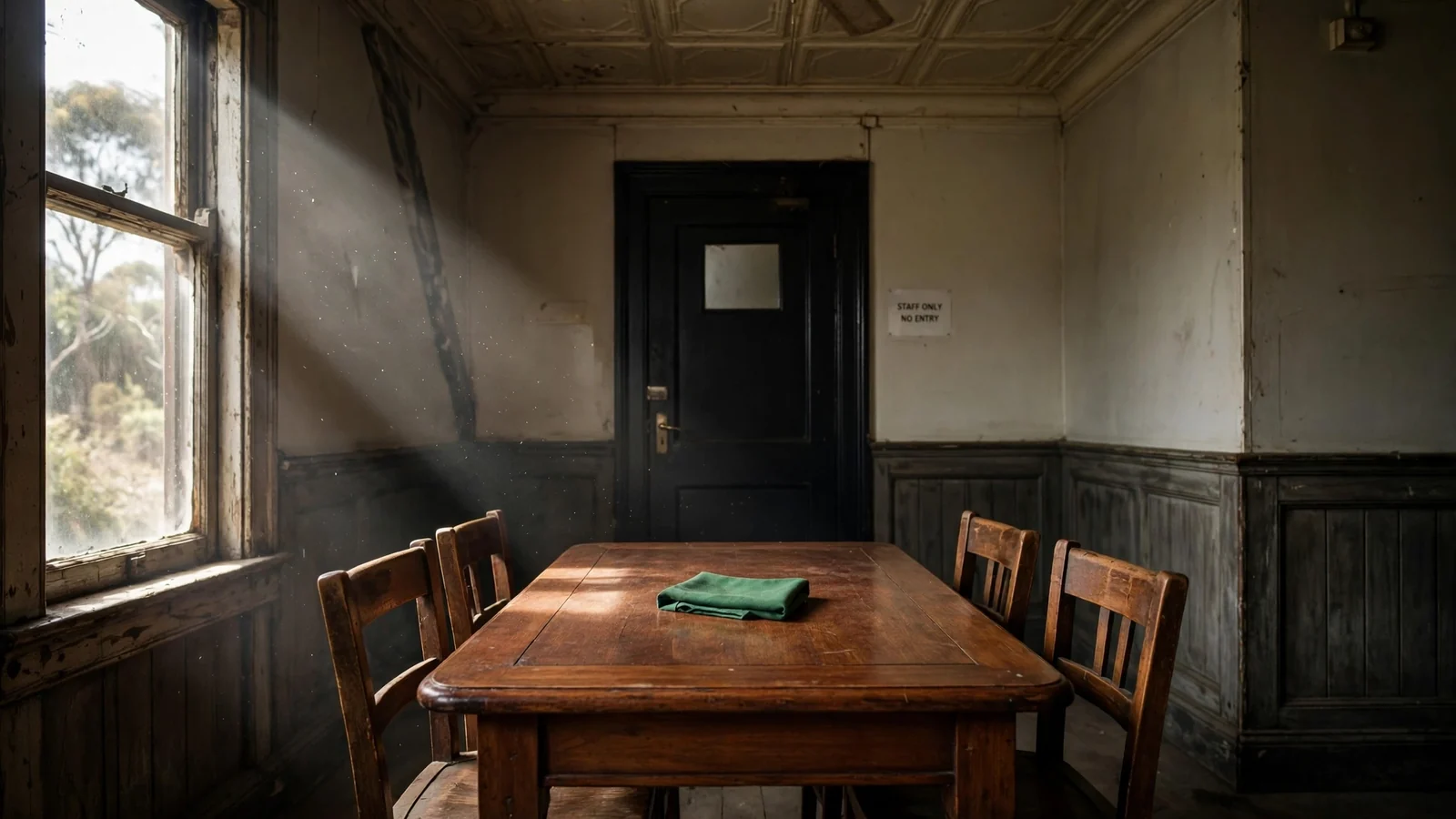 Empty card table with folded cloth in a quiet Australian pub room